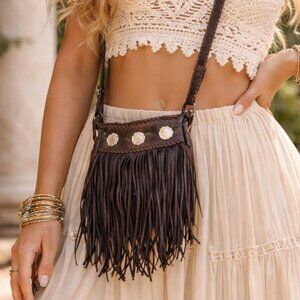 Ren Ellis Chocolate Renegade Long Fringe Silver Concho Detail Shoulder Purse